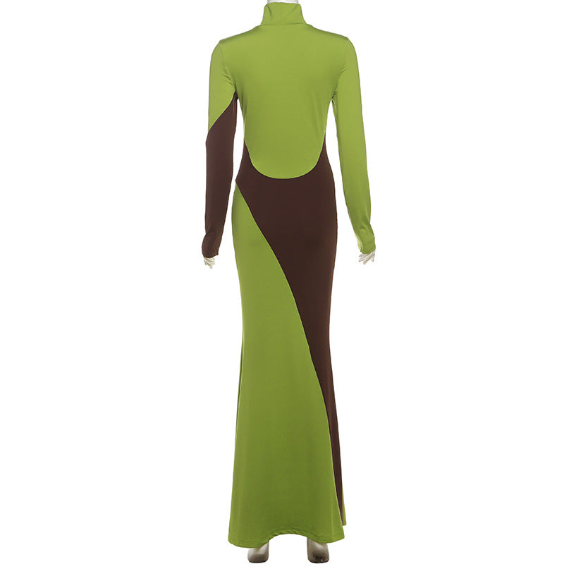 MB1515 Color Block Turtleneck Maxi Dress