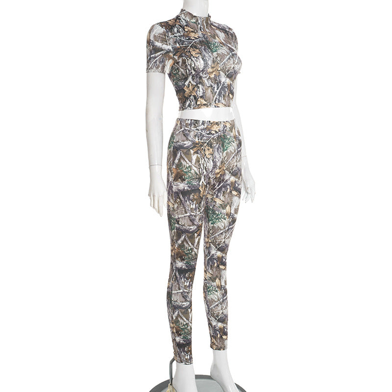 MB10125 Leaf Camo Print Two Piece Set - Crop Top & High Waist Pants