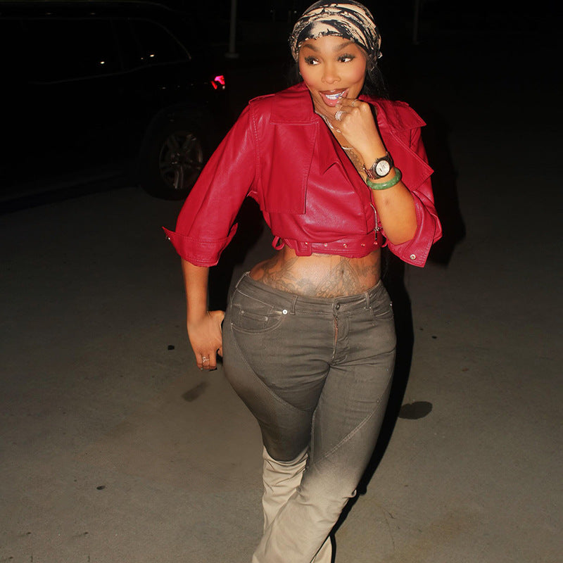 MB1528 Women's Faux Leather Low Neck Crop Jacket