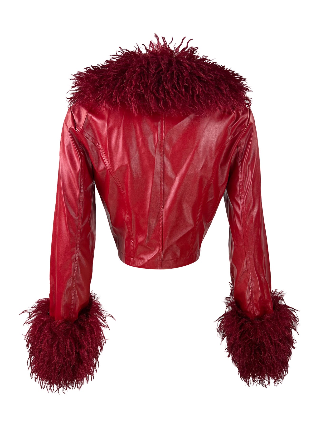 MB1707 Feather Collar & Cuff Trim Cropped Leather Zipper Jacket for Women