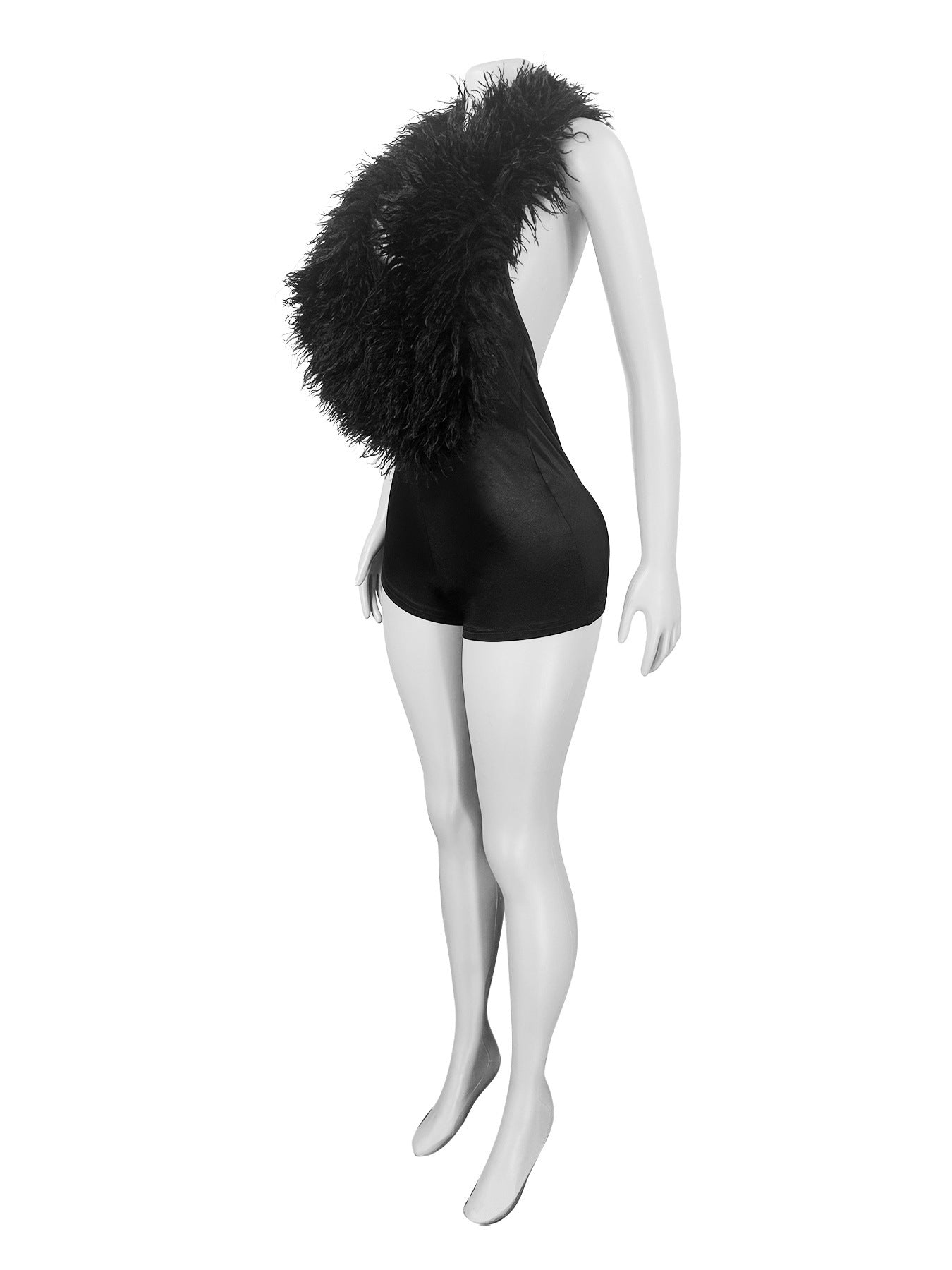 MB1701 Feather Trim Deep V Open Back Satin Romper