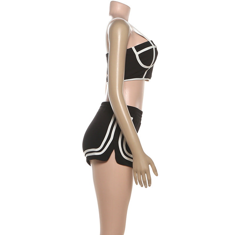 MB1803 Women's Cropped Jacket + Strappy Crop Top + High-Waisted Shorts Three-Piece Outfit