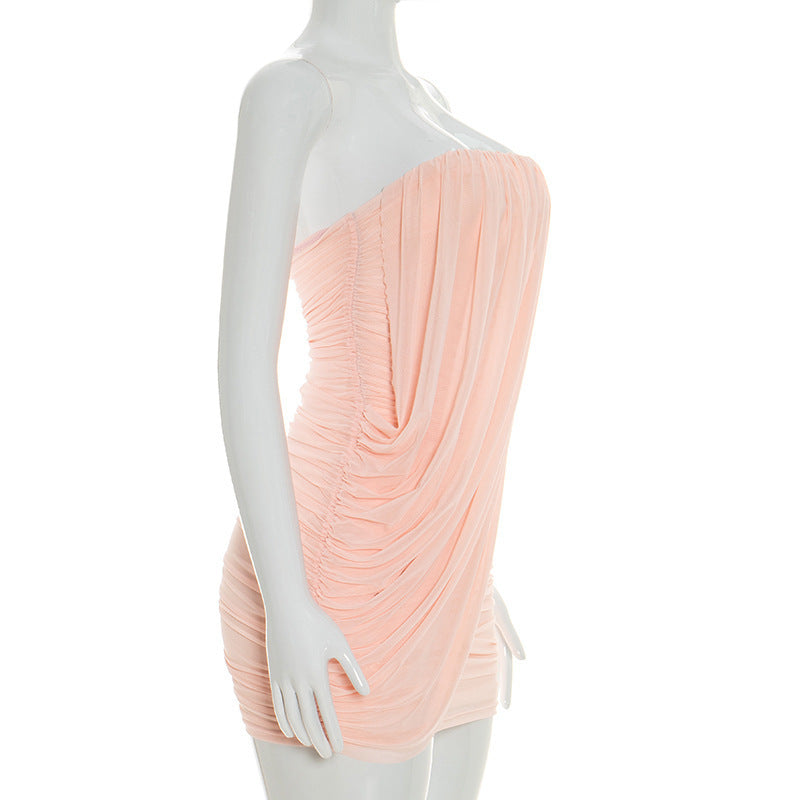 MB1460 Strapless Draped Ruched Mesh Mini Dress