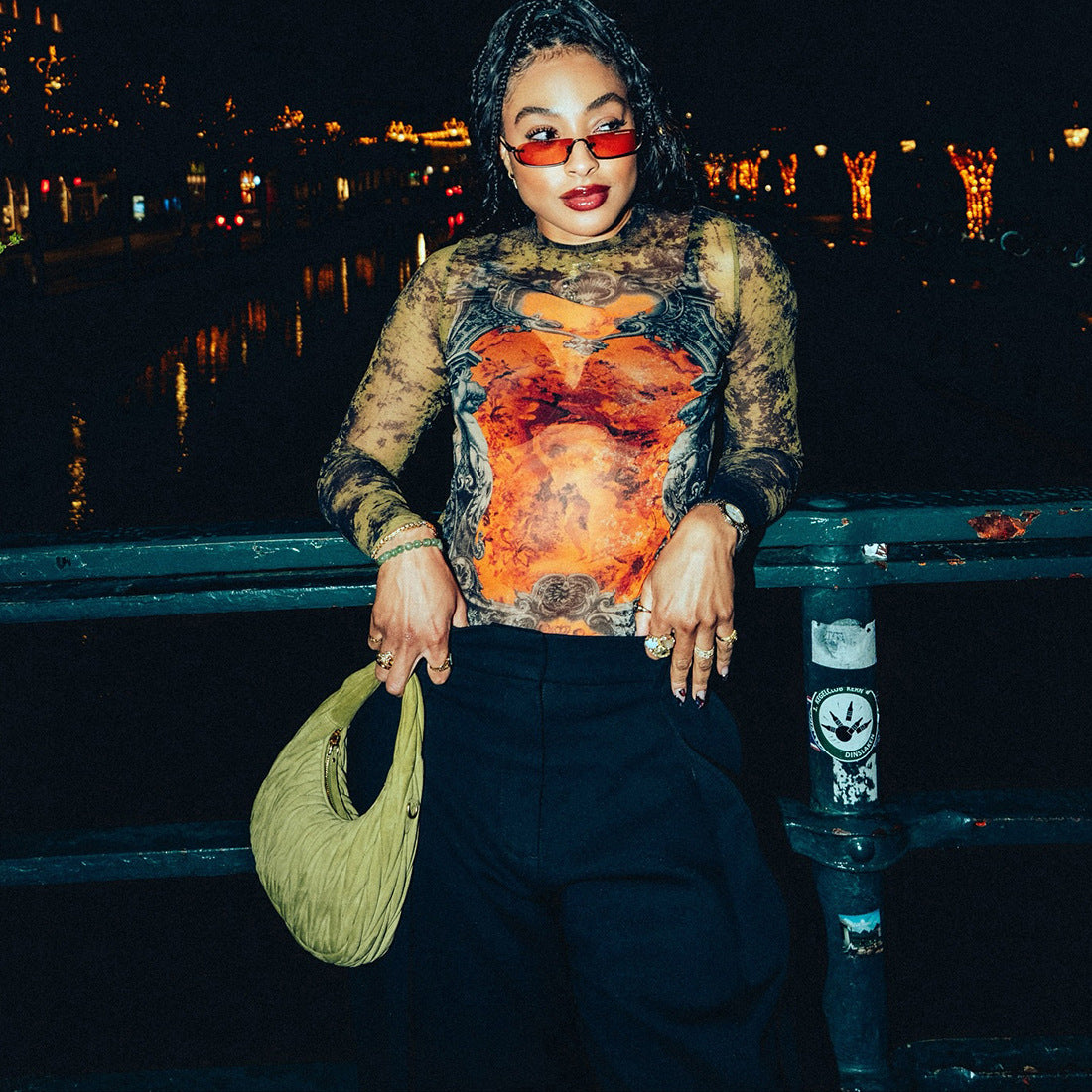 MB1138 Vintage Print Long Sleeve Mesh Top