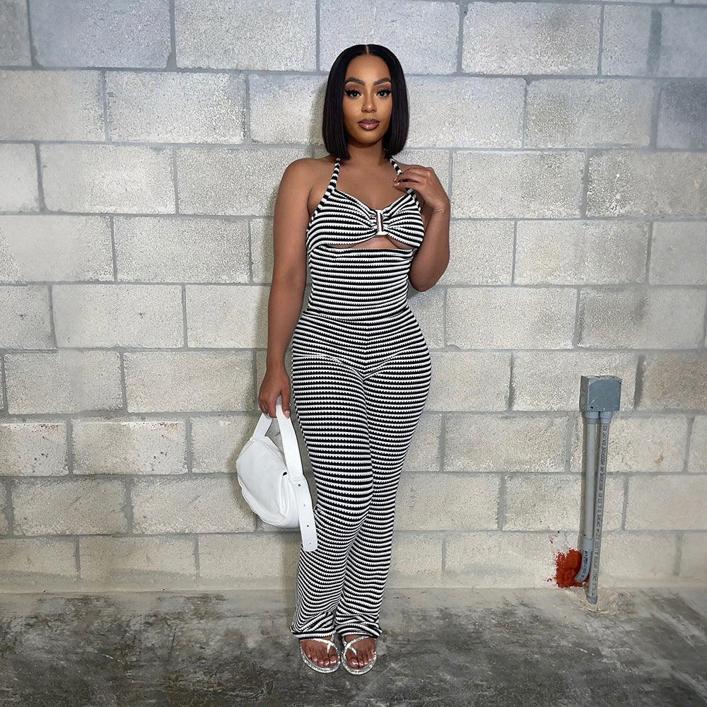 MB1220 Jacquard Stripe Crop Top & Wide Leg Pants Two Piece Set