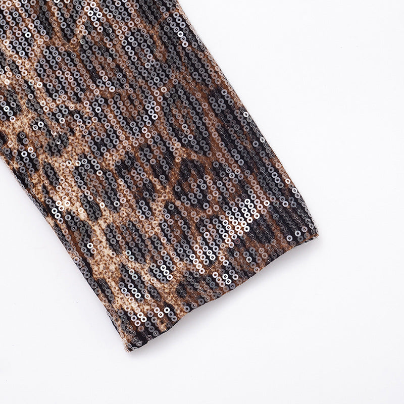 MB10123 Leopard Sequin Two Piece Set - Long Sleeve Blazer & High Waist Shorts