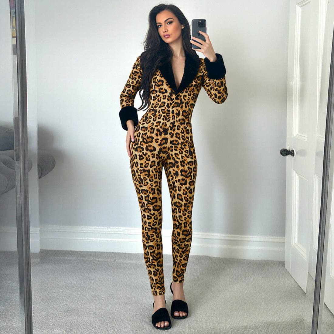 MB1512 Leopard Print Bodycon Jumpsuit - Black Faux Fur Collar & Cuff Trim