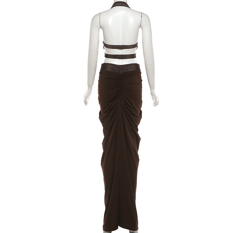 MB1159 Women's Brown Cut Out Crop Top with High Waisted Maxi Skirt 2 Piece Set