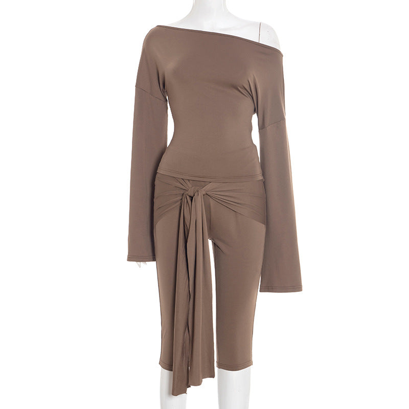 MB1404 Solid Color Top & Tie-Front Capri Pants 2-Piece Set for Women