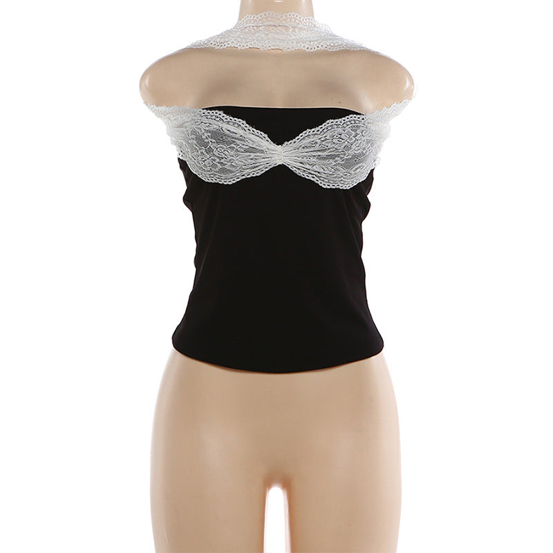 MB1532 Women's Black Strapless Fitted Crop Top with White Lace