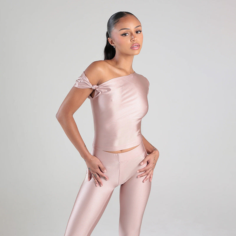 MB10155 Women's One Shoulder Crop Top with Capri Pants 2 Piece Set