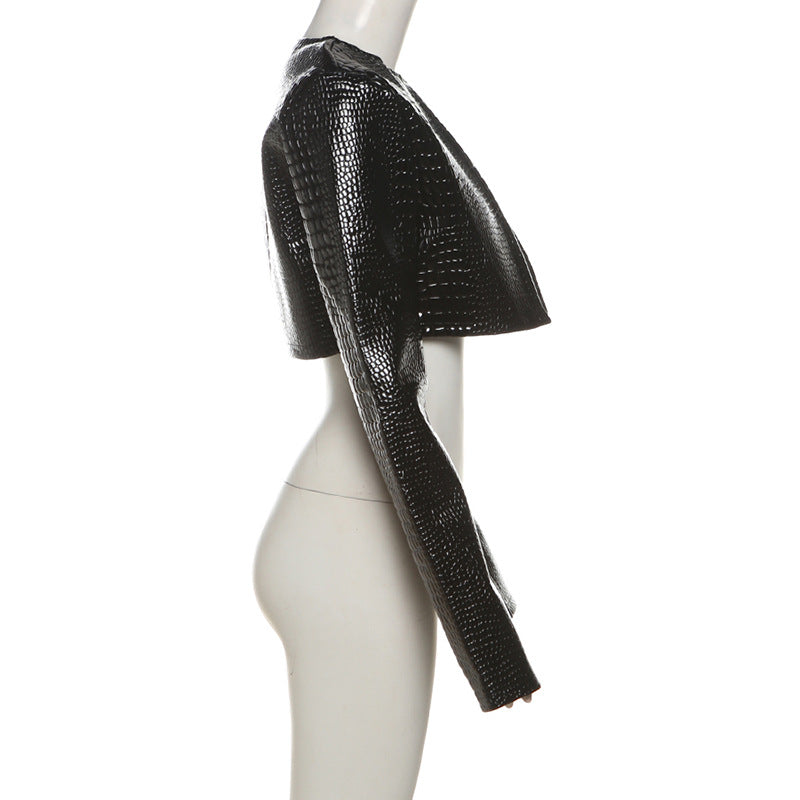 MB1108 Crocodile Print PU Leather Cropped Jacket for Women