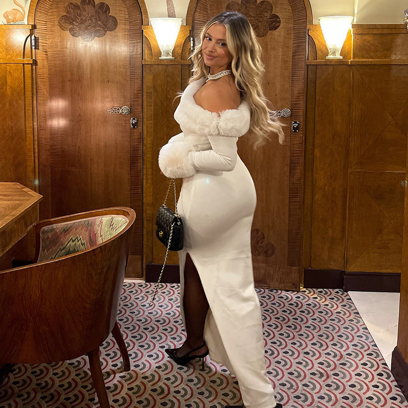 MB1419 White Faux Fur Trim Bodycon Maxi Dress for Women