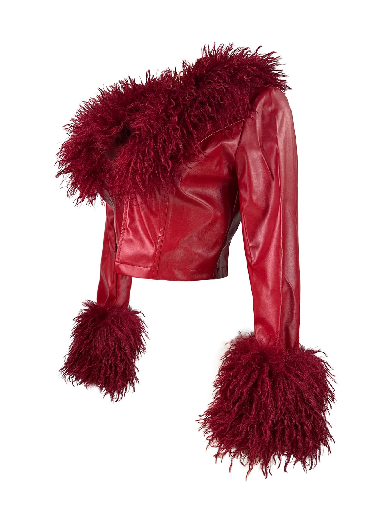 MB1707 Feather Collar & Cuff Trim Cropped Leather Zipper Jacket for Women