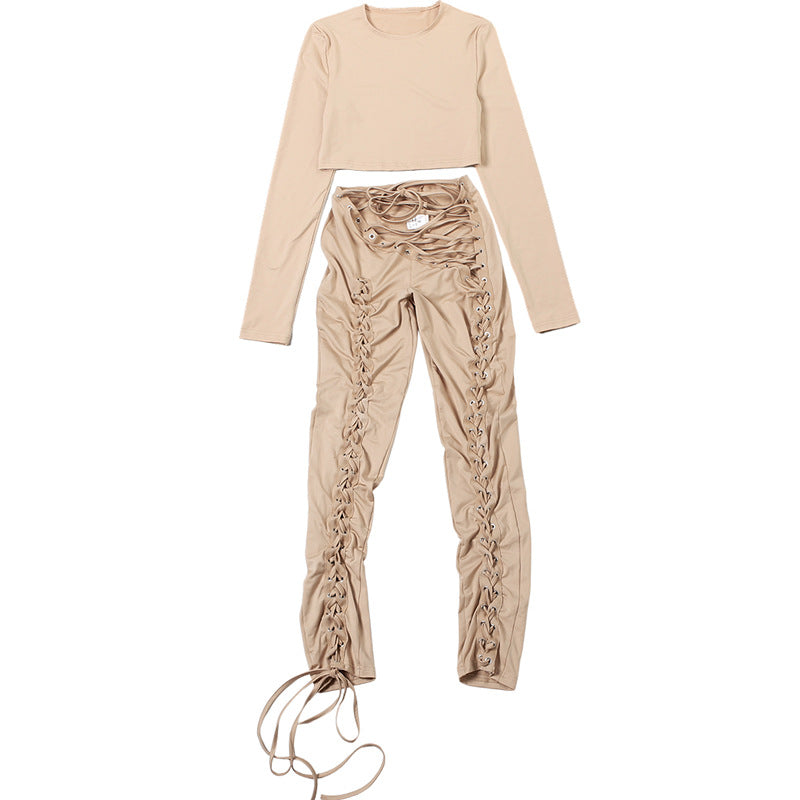 MB1810 Fitted Crop Top & Lace-Up Pants Two-Piece Outfit