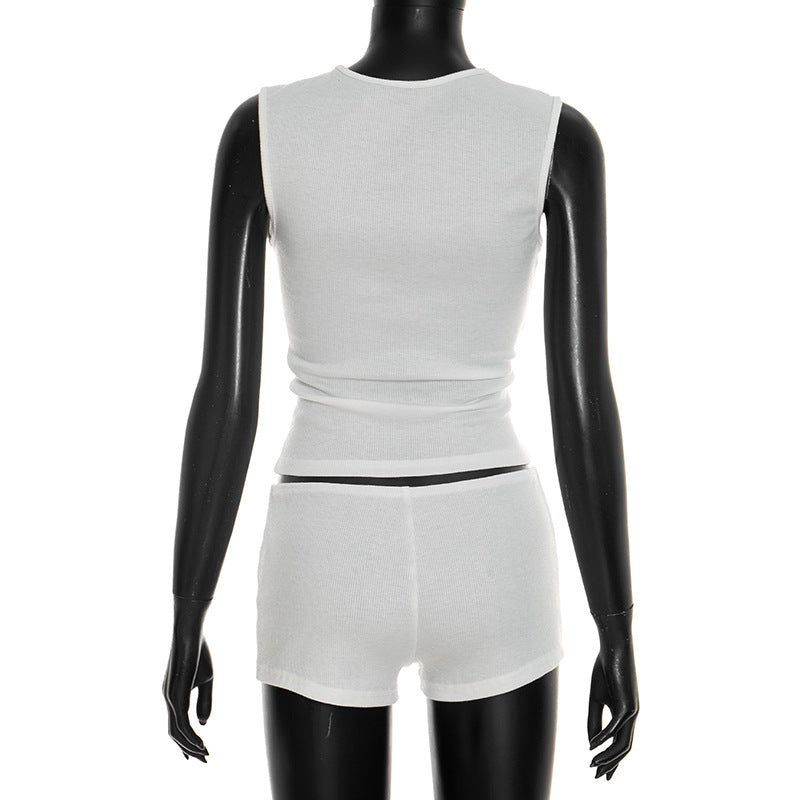 MB10165 Ribbed Cutout Sleeveless Crop Top & Mini Shorts 2 Piece Outfit | Women Solid Color Matching Loungewear Set