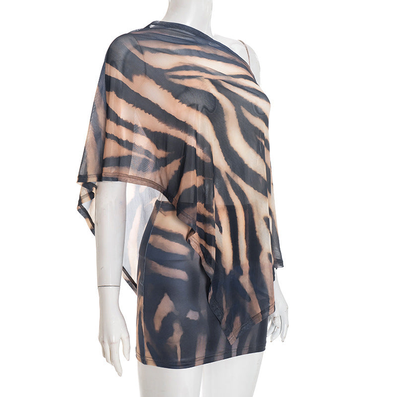 MB1458 Sheer Mesh Poncho Top & Bodycon Mini Skirt 2‑Piece Set