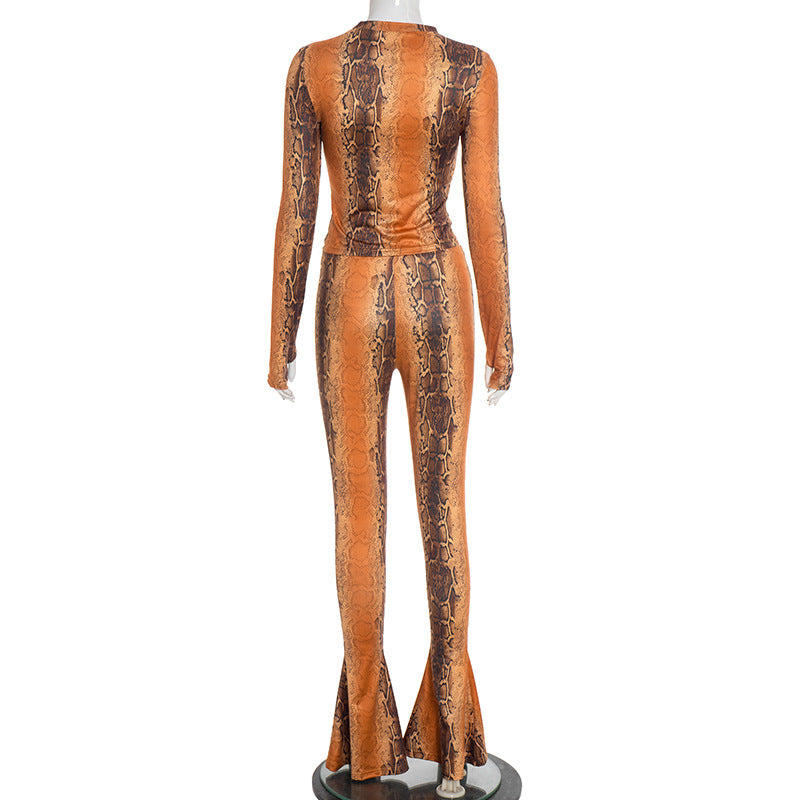 MB1431 Orange Snake Print Crop Top & Flared Bell Bottom Pants
