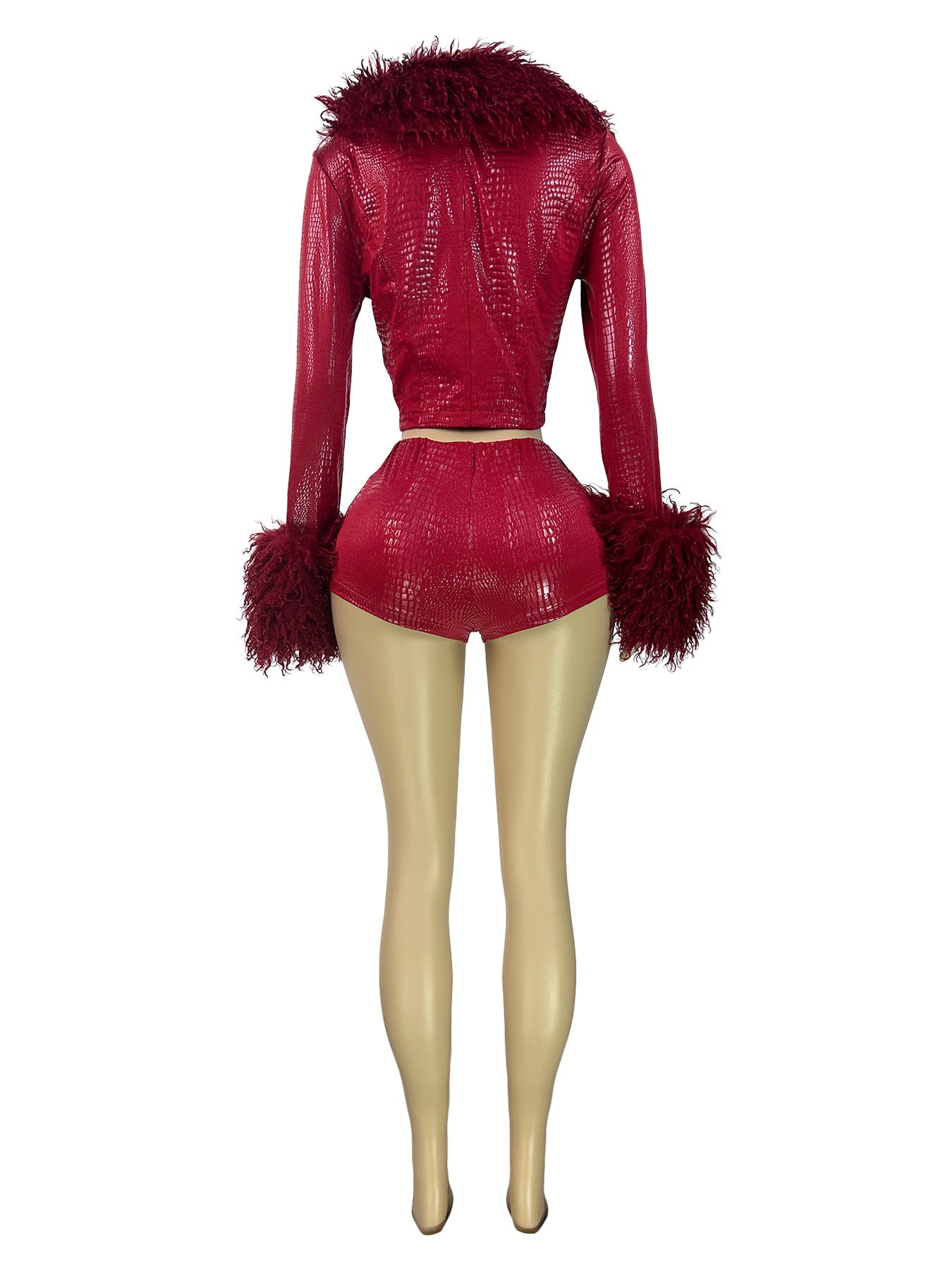 MB1726 Red Crocodile Print Faux Fur Trim 2 Piece Short Set | Cropped Jacket & Shorts