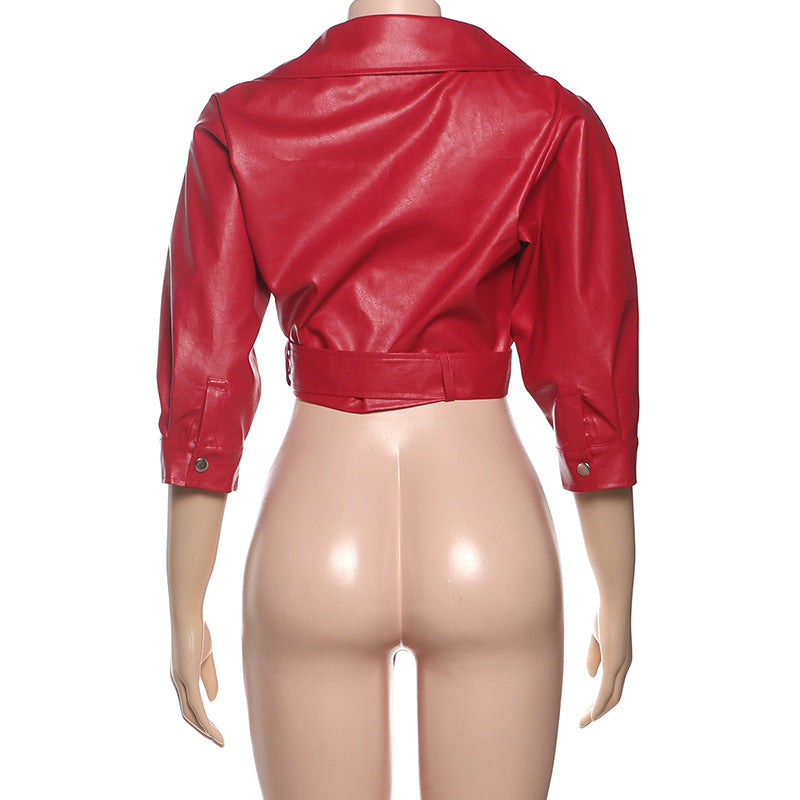 MB1528 Women's Faux Leather Low Neck Crop Jacket