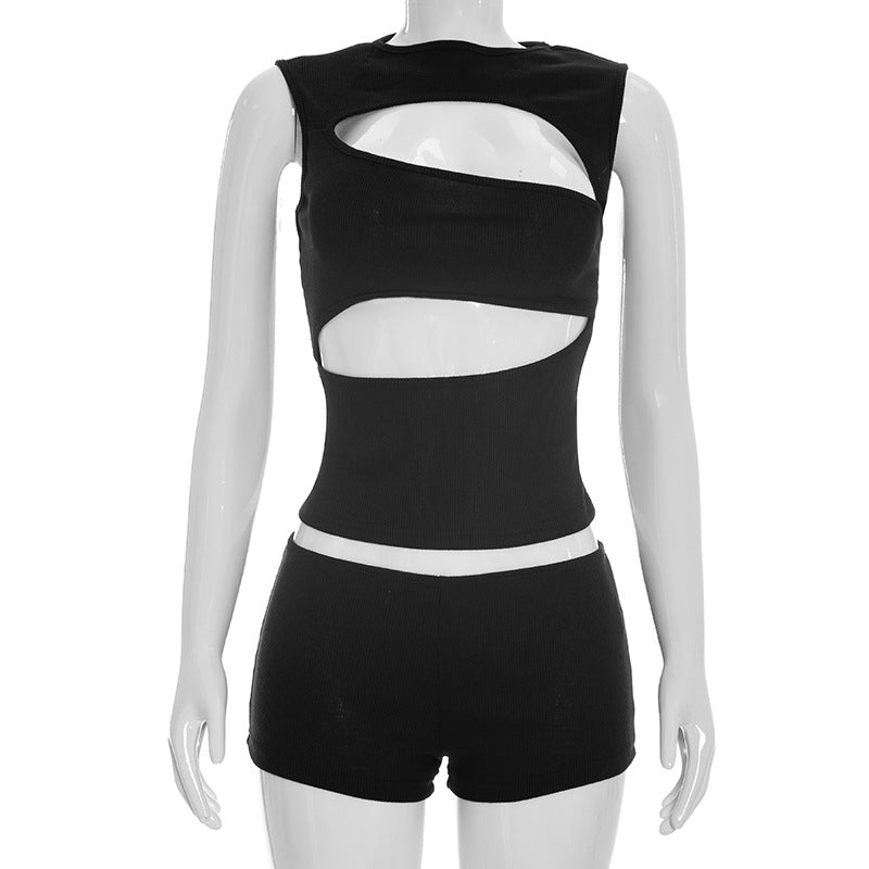 MB10165 Ribbed Cutout Sleeveless Crop Top & Mini Shorts 2 Piece Outfit | Women Solid Color Matching Loungewear Set