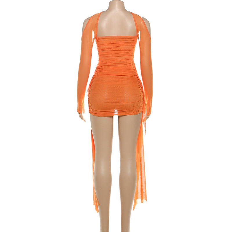 MB1808 Women's Ruched Tulle Sleeve Mini Dress