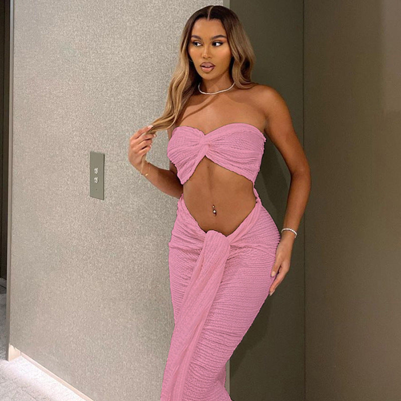 MB1835 Women's Ruched Knit Wrap Front Two Piece Maxi Skirt Set