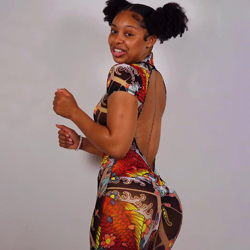MB1112 Graphic Print Sheer Tight Backless Romper