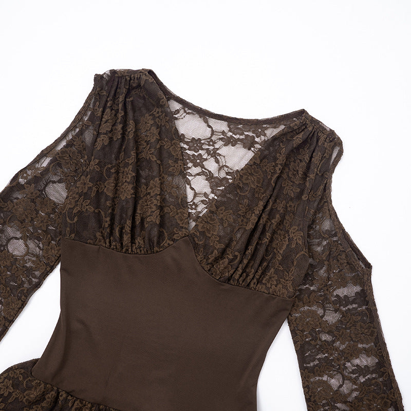 MB1415 Brown Lace Long Sleeve Mini Dress for Women