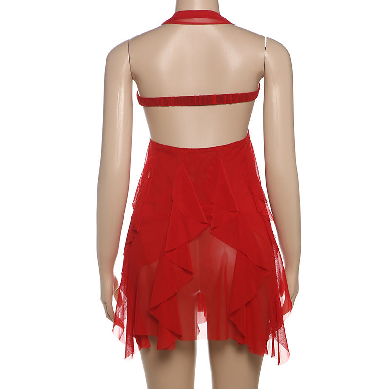MB1113 Sexy Halter Backless Mini Dress with Ruffled Hem
