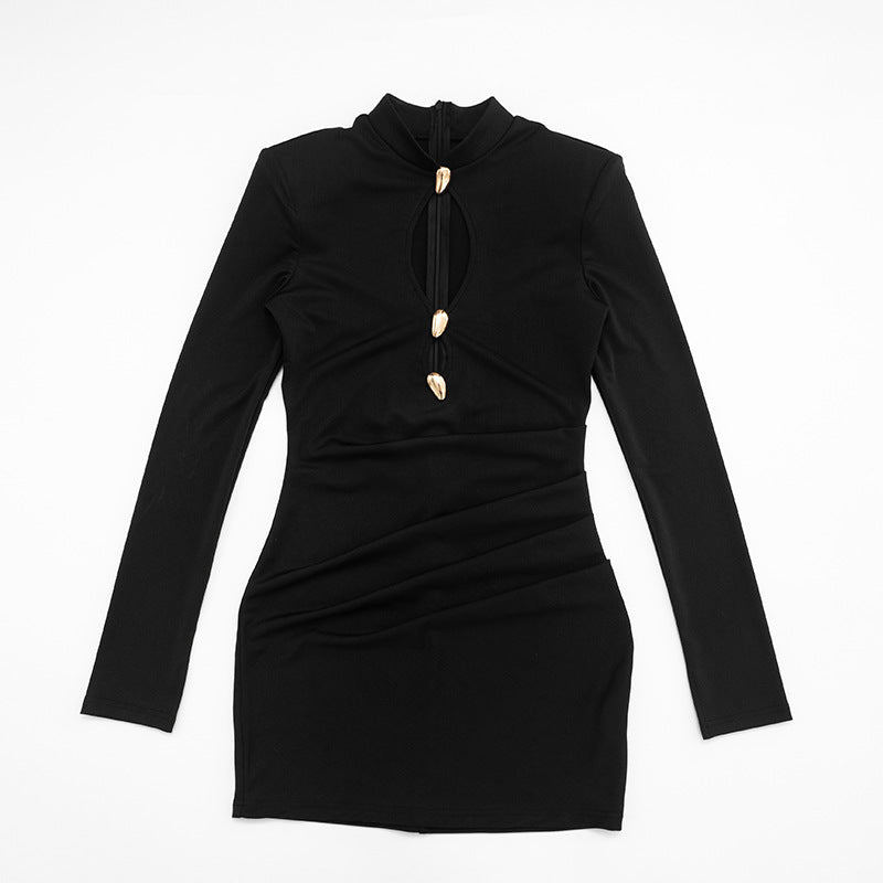 MB1421 Black Mock Neck Cutout Mini Dress for Women