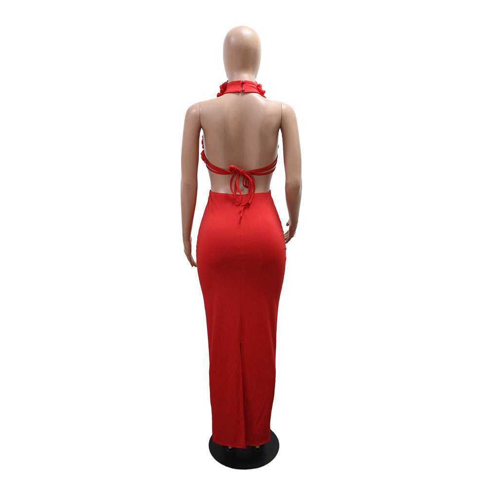 MB1227 Red 3D Floral Applique Halter Maxi Dress | Backless Bodycon Evening Gown