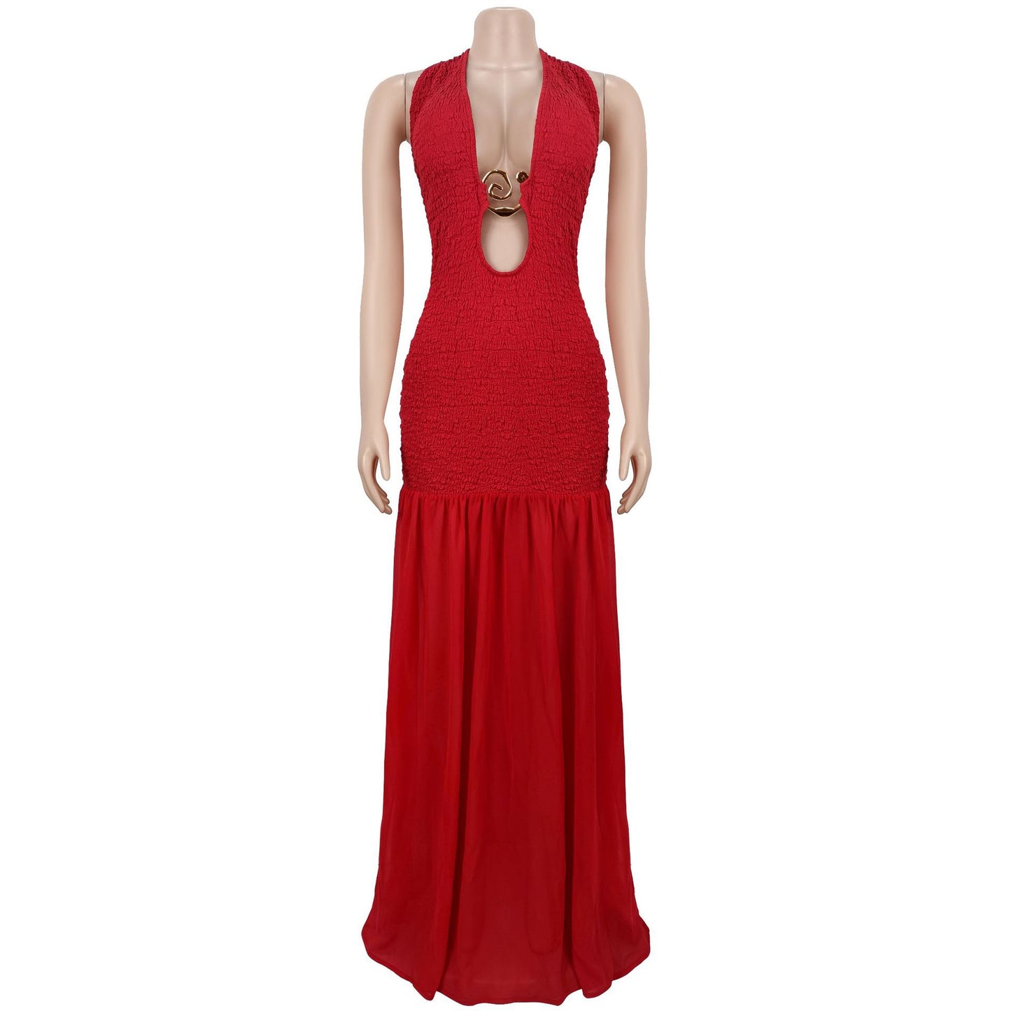 MB1613 Halter Neck Cutout Maxi Dress with Gold Accent