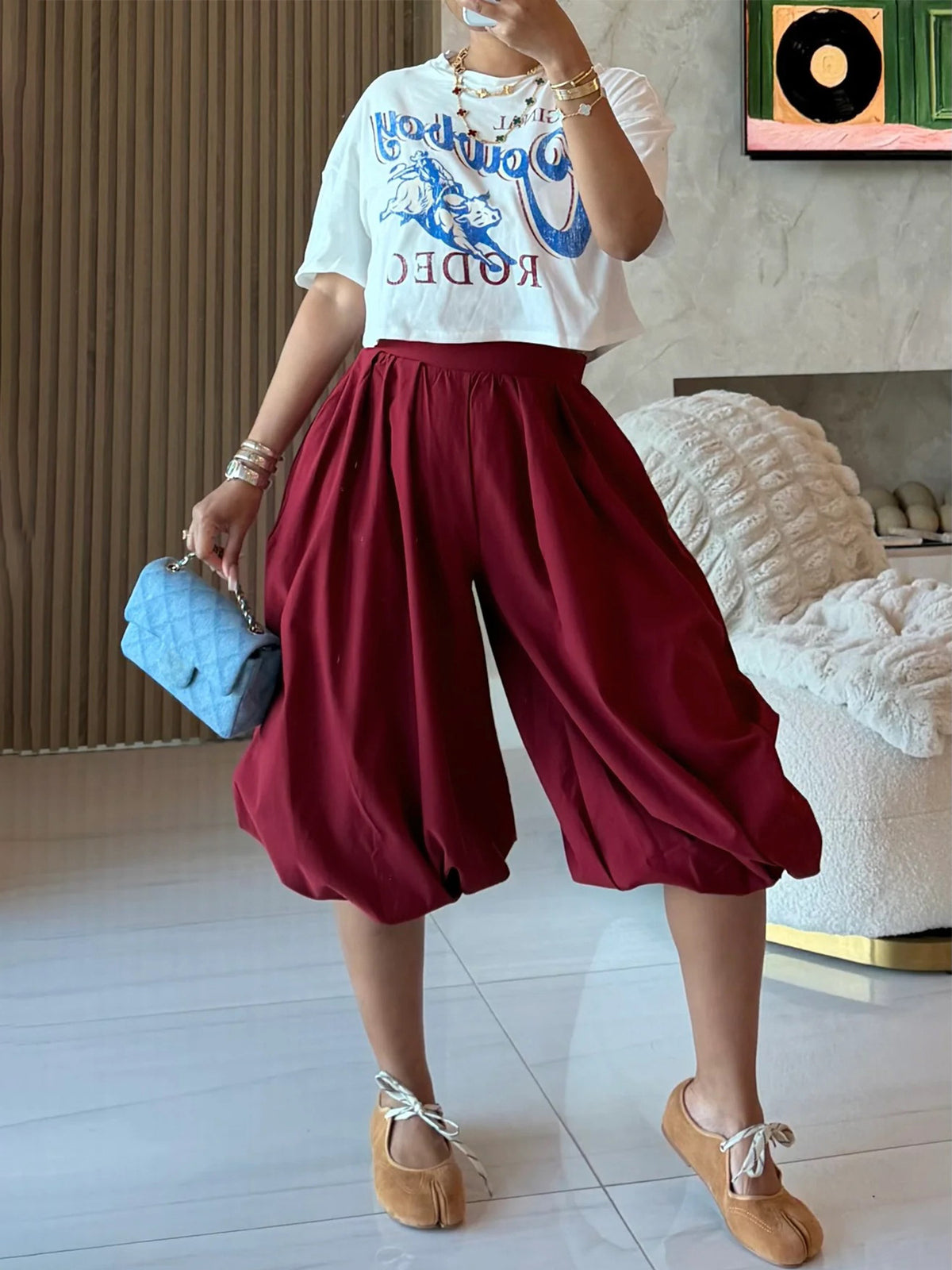 MB1737 High‑Waist Loose Lantern Harem Capri Cropped Pants