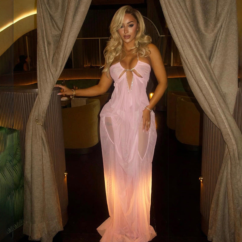 MB1530 Women's Sheer Mesh Halter Neck Cut Out Maxi Dress