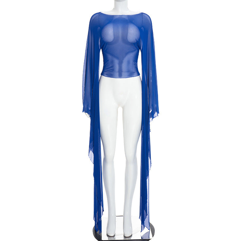 MB10209 Sheer Mesh Top Flare Floor‑Length Draped Long Sleeve