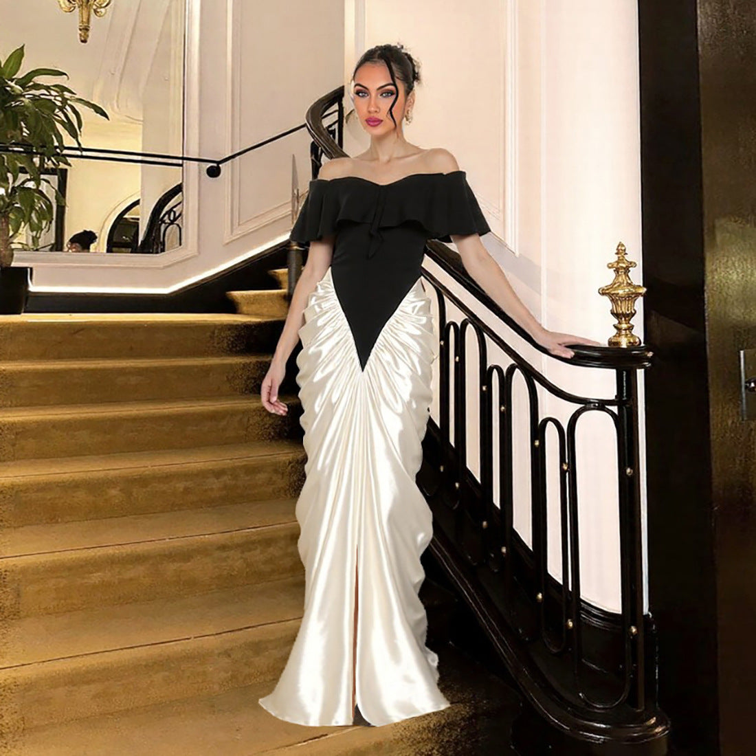 MB1120 Black White Color Block Ruched Waist Bodycon Evening Gown