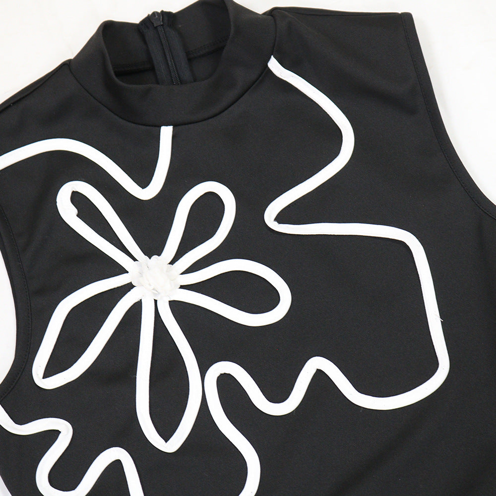 MB1224 Sleeveless High Neck Floral Embroidery Wide Leg Jumpsuit