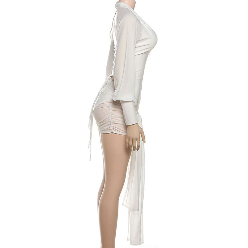 MB1111 White Sheer Mesh Lace-Up Back Mini Dress