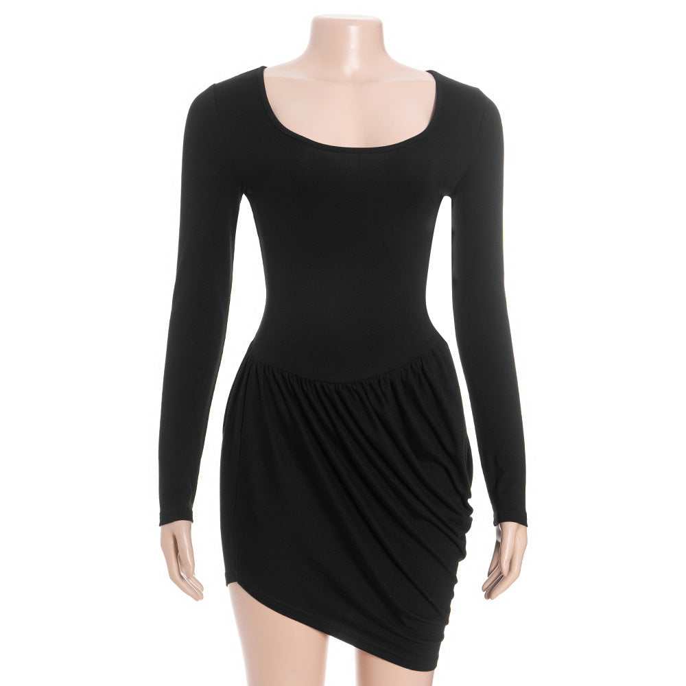 MB1317 Long Sleeve Scoop Neck Ruched Waist Mini Dress for Women