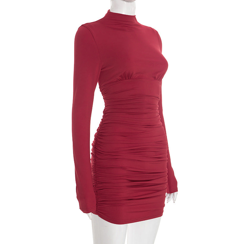 MB1435 Burgundy Turtleneck Ruched Bodycon Mini Dress - Long Sleeve Ruched Detail Evening Dress for Women