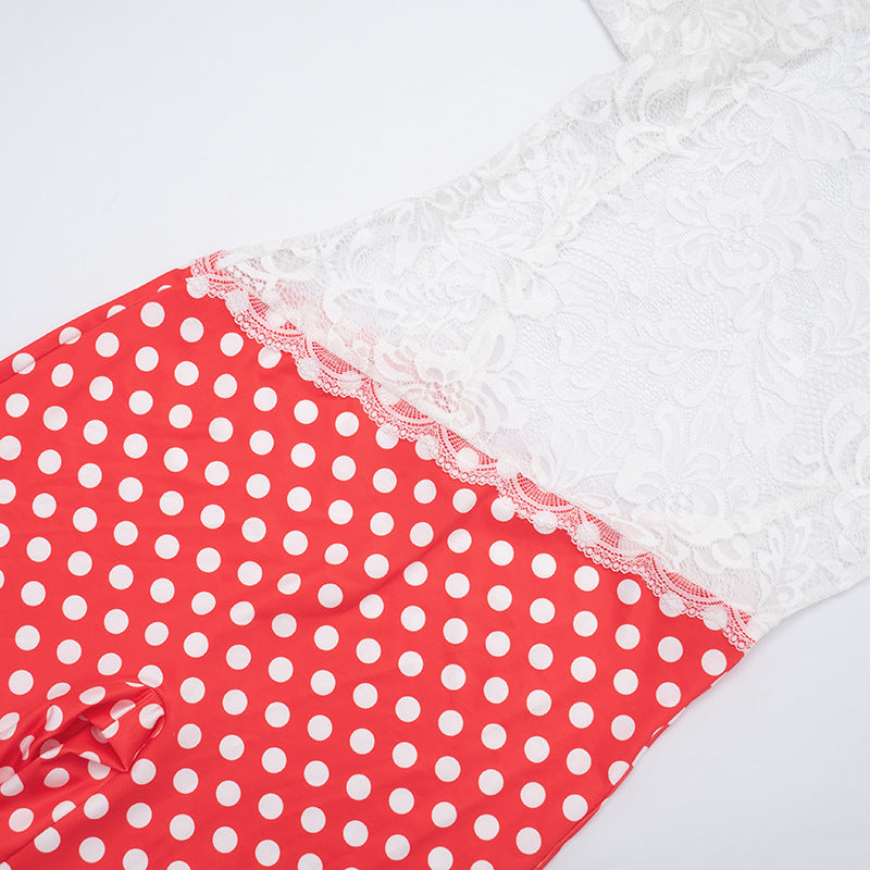 MB10119 White Lace Open Back Jumpsuit - Red Polka Dot Legs Party Romper