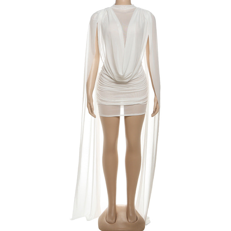 MB1815 Women's White Sheer Mesh Cape Overlay Mini Dress