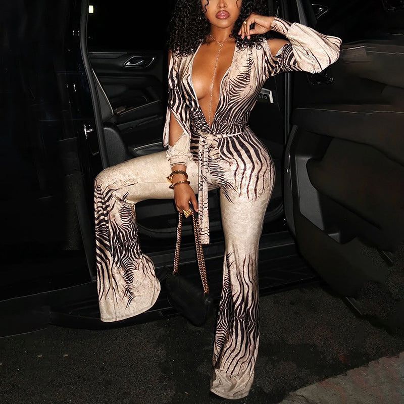 MB1162 Women's Deep V Neck Zebra Print Jumpsuit