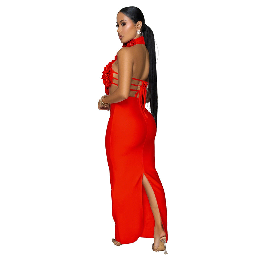 MB1227 Red 3D Floral Applique Halter Maxi Dress | Backless Bodycon Evening Gown