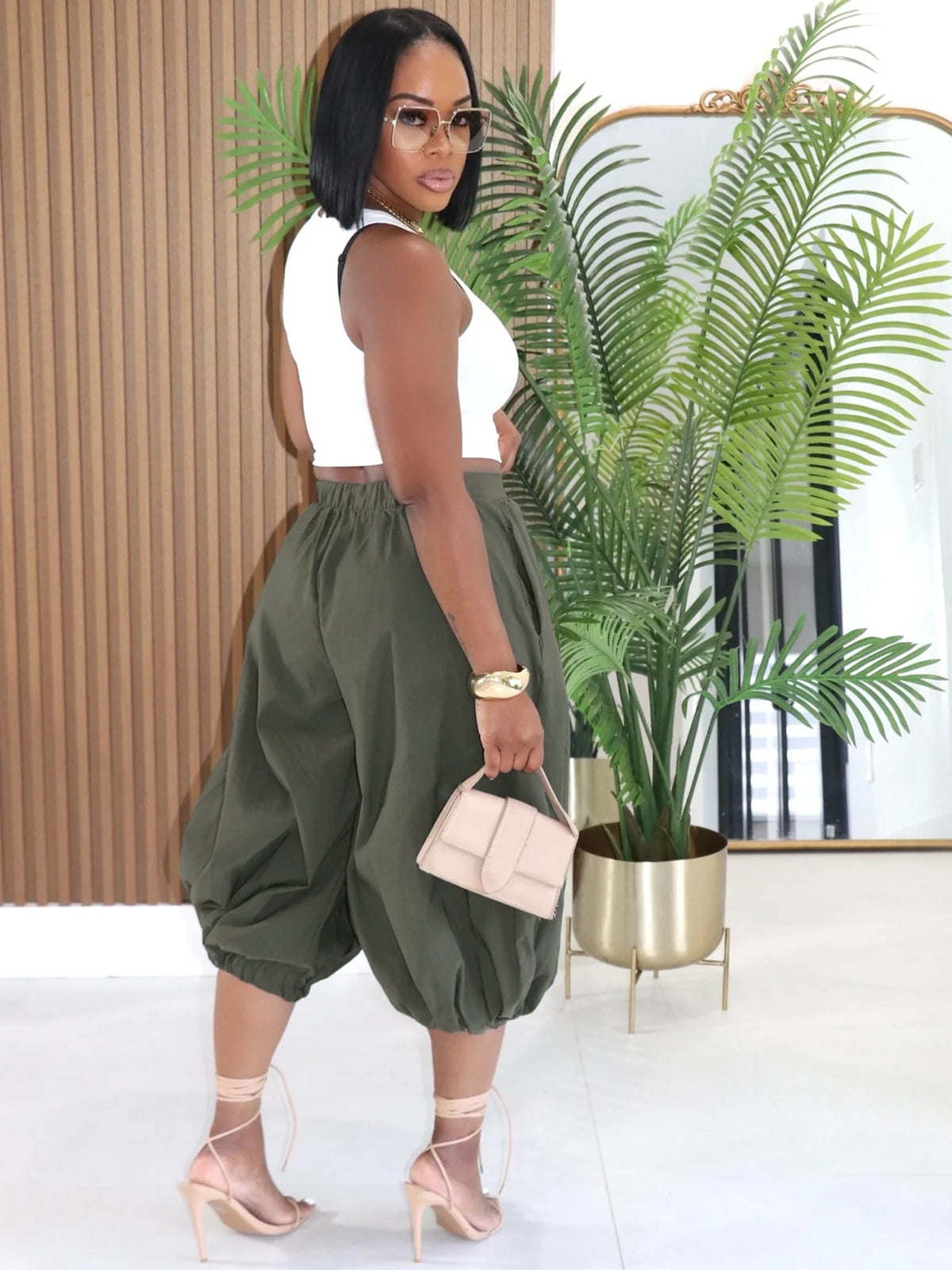MB1737 High‑Waist Loose Lantern Harem Capri Cropped Pants