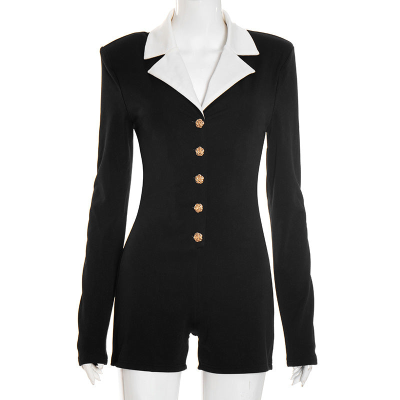 MB10132 Women's Black & White Contrast Collar Button Front Bodycon Romper