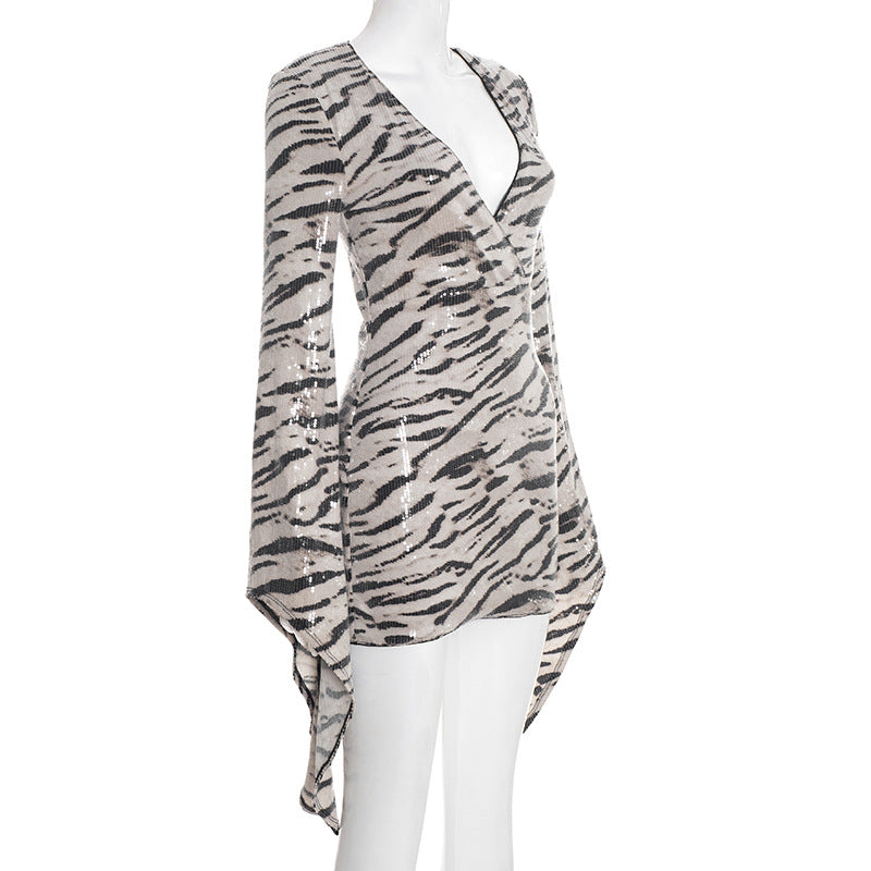 MB1427 Snake Print Sequin Mini Dress with Flared Bell Sleeves