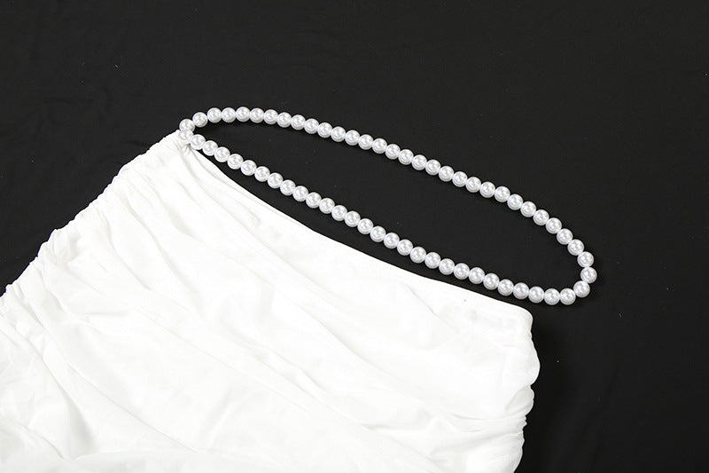 MB1128 Pearl Accent Crop Top & Ruched Bodycon Maxi Skirt Two Piece Set