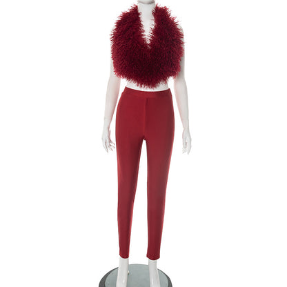 MB1017 Fuzzy Cropped Top and High Waisted Leggings Set